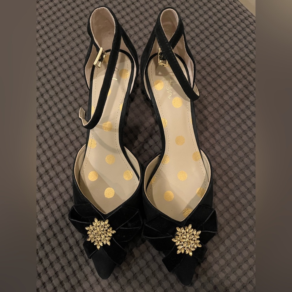 Boden Black Velvet Ankle-Strap Heels with Gold Brooch